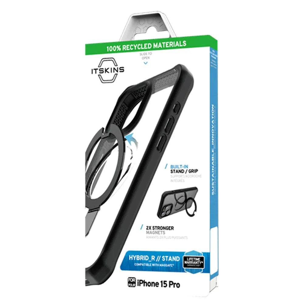 Itskins Hybrid Stand iPhone 15 Pro Magsafe Case - Black And Transparent - Tashqila Itskins Hybrid Stand iPhone 15 Pro Magsafe Case - Black And Transparent - Tashqila